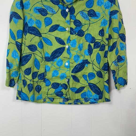 Parisian Works Womens Button Up Blouse Size Petite Medium Green Blue 100% Linen - Picture 3 of 12
